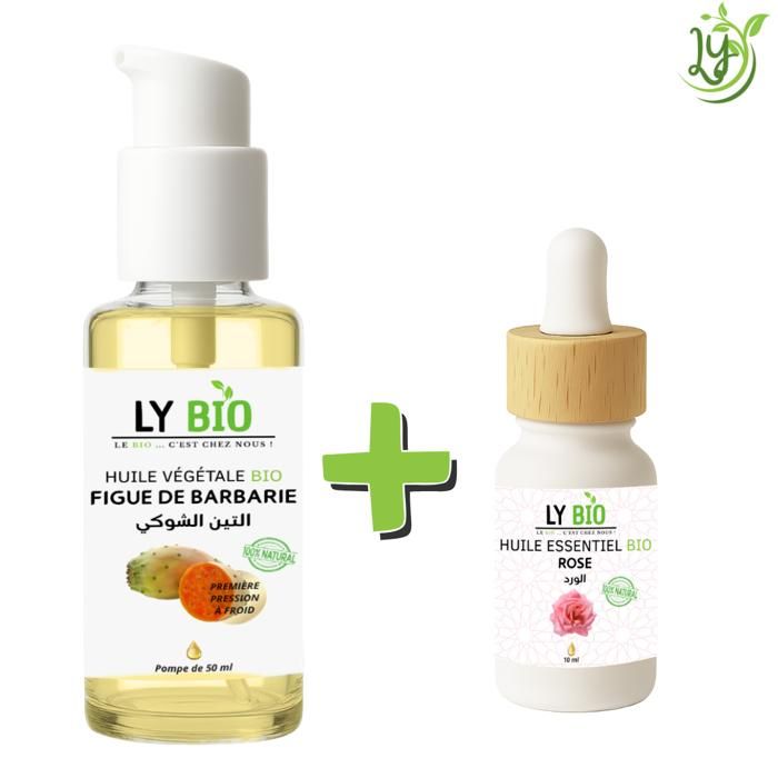 Pack de soins - LYBIO - Huile Figue de Barbarie 50ml - Huile Essentielle Rose 10ml - Hydratant - Mixte
