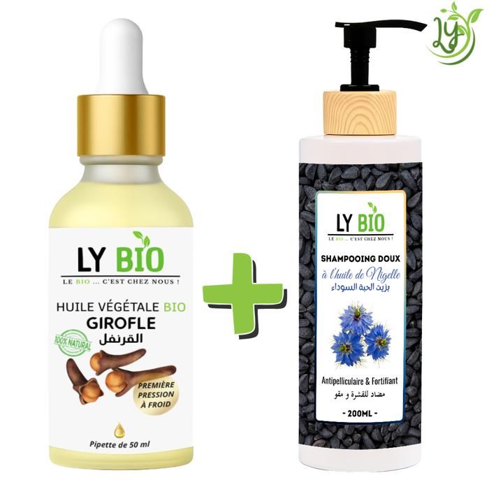 LYBIO PACK HUILE GIROFLE 50ML - PIPETTE + SHAMPOOING A L'HUILE DE NIGELLE 200ML - ANTIPELLICULAIRE & FORTIFIANT