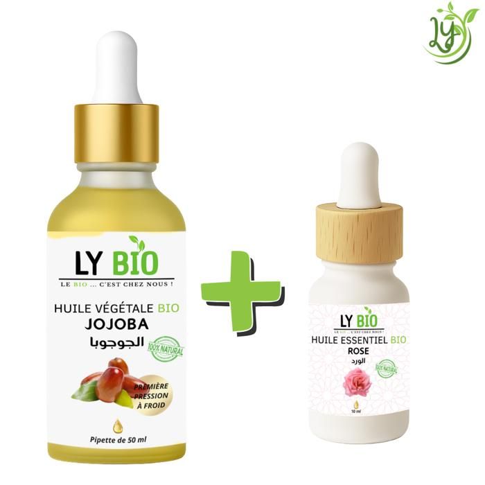 LYBIO PACK HUILE JOJOBA 50ML - PIPETTE + HUILE ESSENTIEL ROSE 10ML