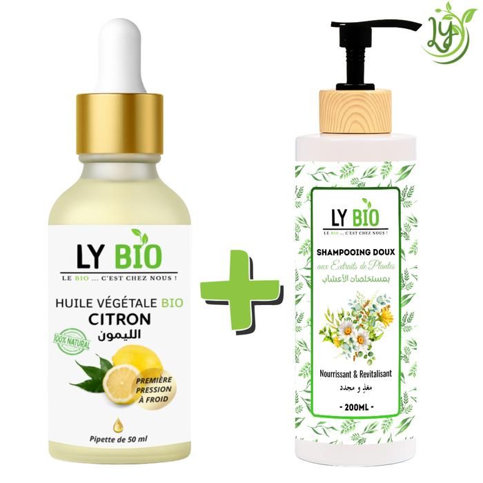 Pack de soins capillaires - LYBIO - Huile citron 50ml - Shampooing plantes 200ml - Nourrissant - Revitalisant