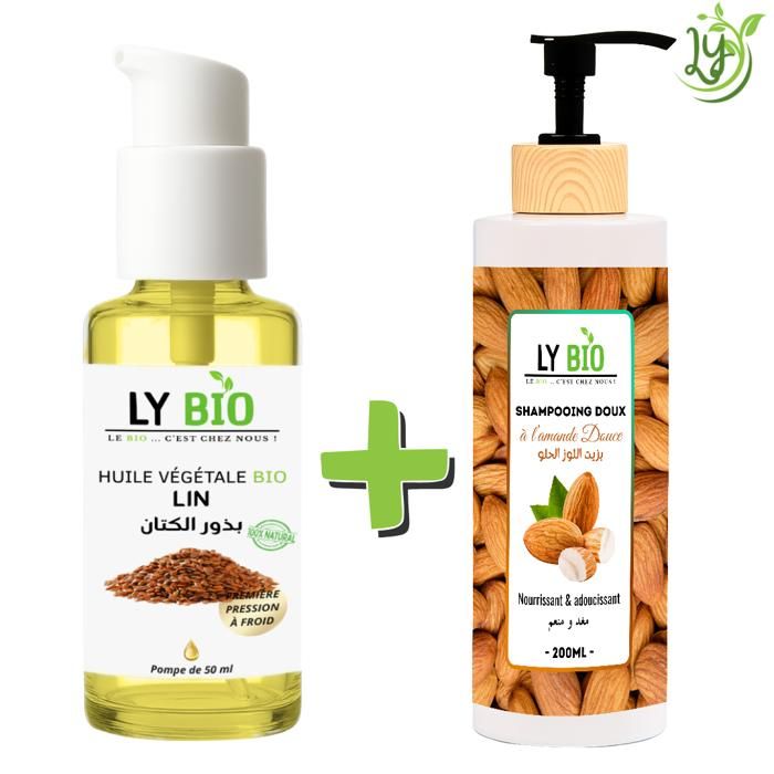 Pack Cheveux - LYBIO - Huile Lin 50ml - Shampooing Amande Douce 200ml - Nourrissant - Adoucissant