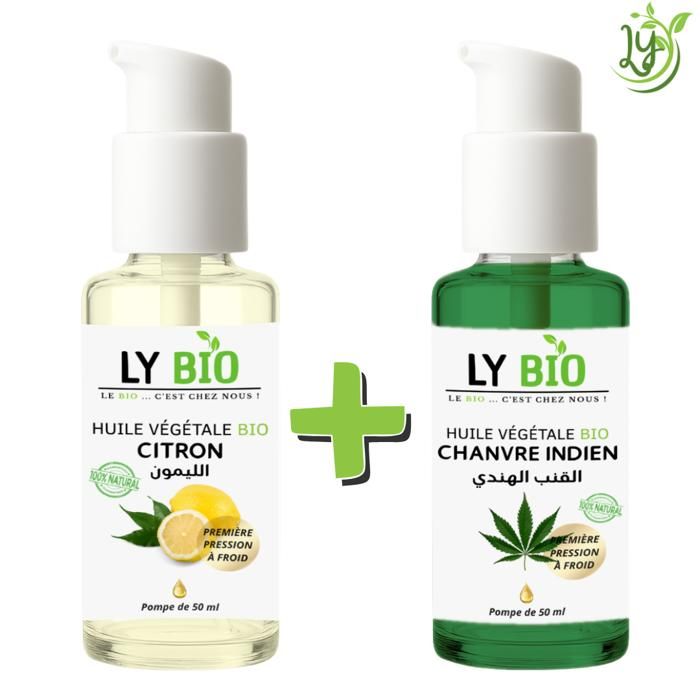 Pack d'huiles - LYBIO - Huile Citron 50ml - Pompe - Huile Chanvre 50ml - Pompe - Hydratant