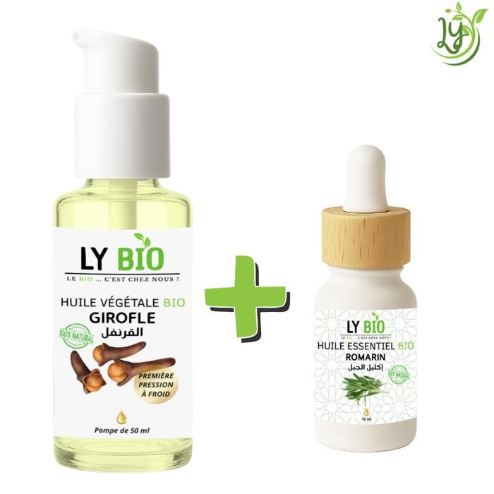 Pack Huile Girofle 50ml - LYBIO - Huile Essentielle Romarin 10ml - Soin Cheveux - Antibactérien - Tonifiant