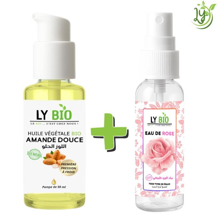 Pack de soins - LYBIO - Huile Amande Douce 50ml - Eau de Rose 100ml - Hydratant - Mixte