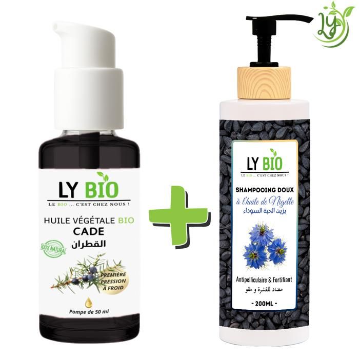 LYBIO PACK HUILE CADE 50ML - POMPE + SHAMPOOING A L'HUILE DE NIGELLE 200ML - ANTIPELLICULAIRE & FORTIFIANT