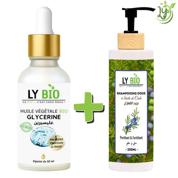LYBIO PACK HUILE GLYCERINE 50ml - PIPETTE + SHAMPOOING A L'HUILE DE CADE 200ML - PURIFIANT & FORTIFIANT