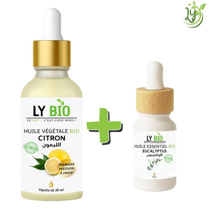 Pack d'huiles - LYBIO - Huile Citron 50ml - Pipette - Huile Eucalyptus 10ml - Soin cheveux et corps