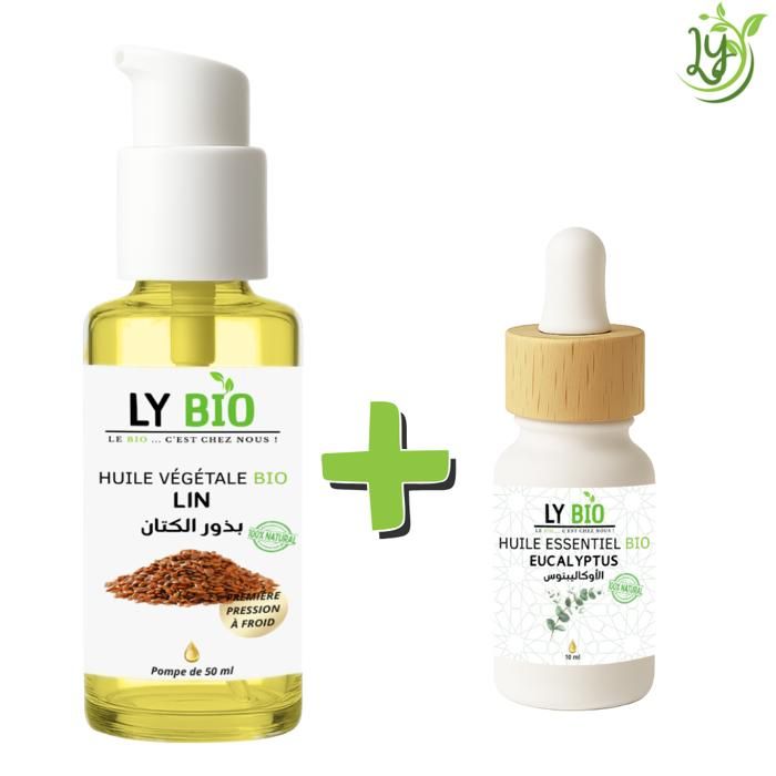 Pack de soins - LYBIO - Huile de lin 50ml - Huile essentielle eucalyptus 10ml - Hydratant - Mixte