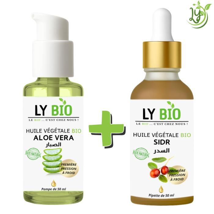 Pack Huile Aloe Vera 50ml - LYBIO - Huile Sidr 50ml - Pompe - Pipette - Soin Cheveux et Peau
