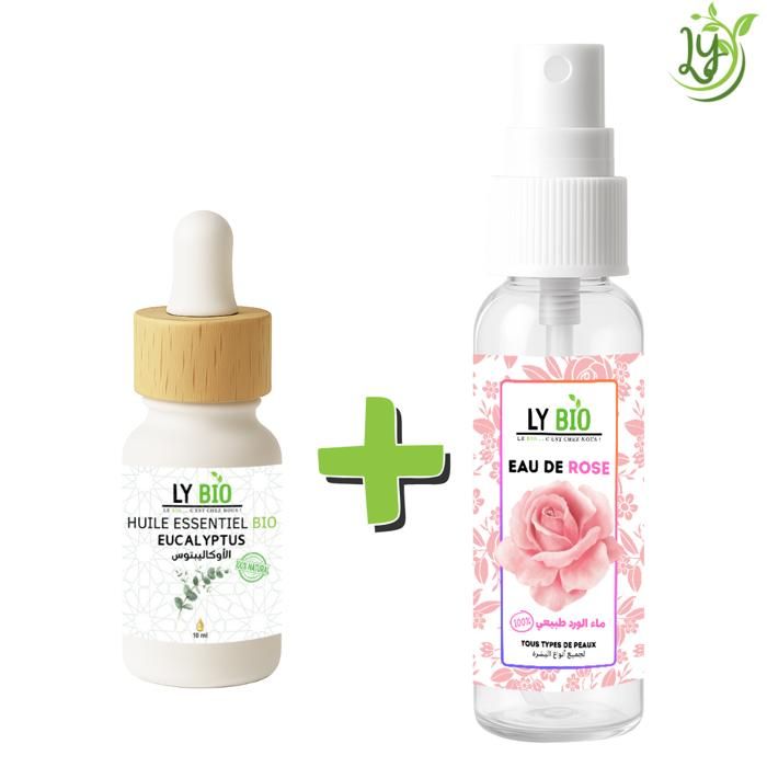 Pack de soins - LYBIO - Huile essentielle Eucalyptus 10ml - Eau de rose 100ml - Tous types de cheveux