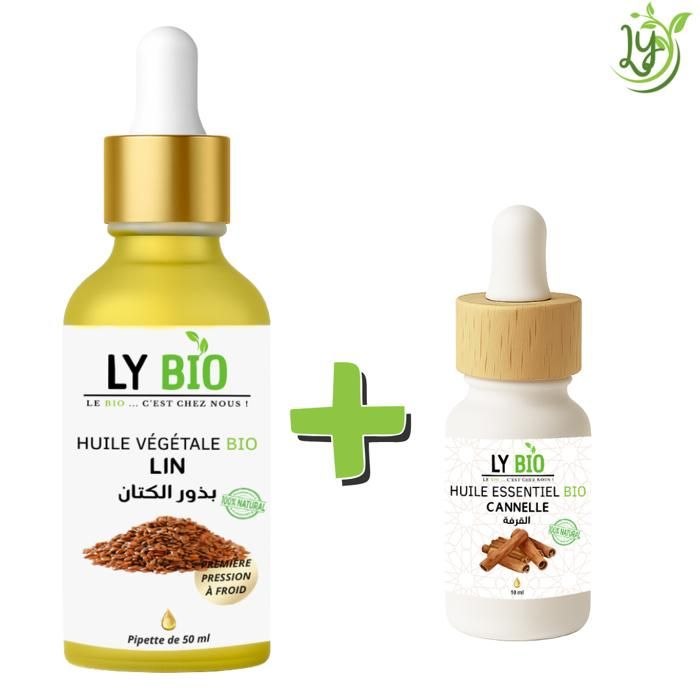 Pack d'huiles - LYBIO - Huile de lin 50ml - Pipette - Huile essentielle cannelle 10ml - Réparateur