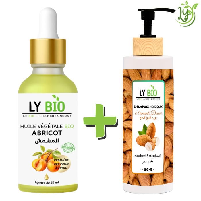 Pack de soins capillaires - LYBIO - Huile Abricot 50ml - Shampooing Amande Douce 200ml - Nourrissant