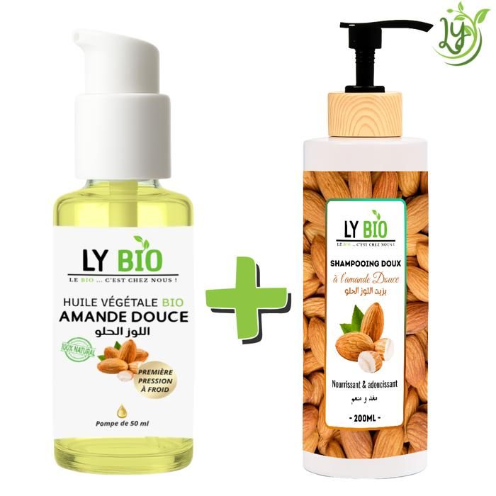 Pack de soins capillaires - LYBIO - Huile Amande Douce 50ml - Shampooing 200ml - Nourrissant & Adoucissant