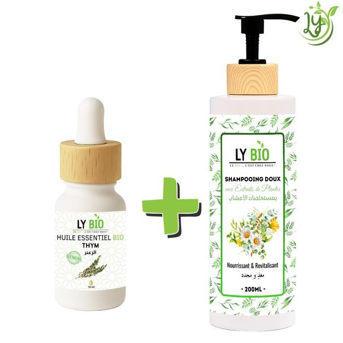 Pack de soins - LYBIO - Huile essentielle thym 10ml - Shampooing plantes 200ml - Nourrissant - Revitalisant