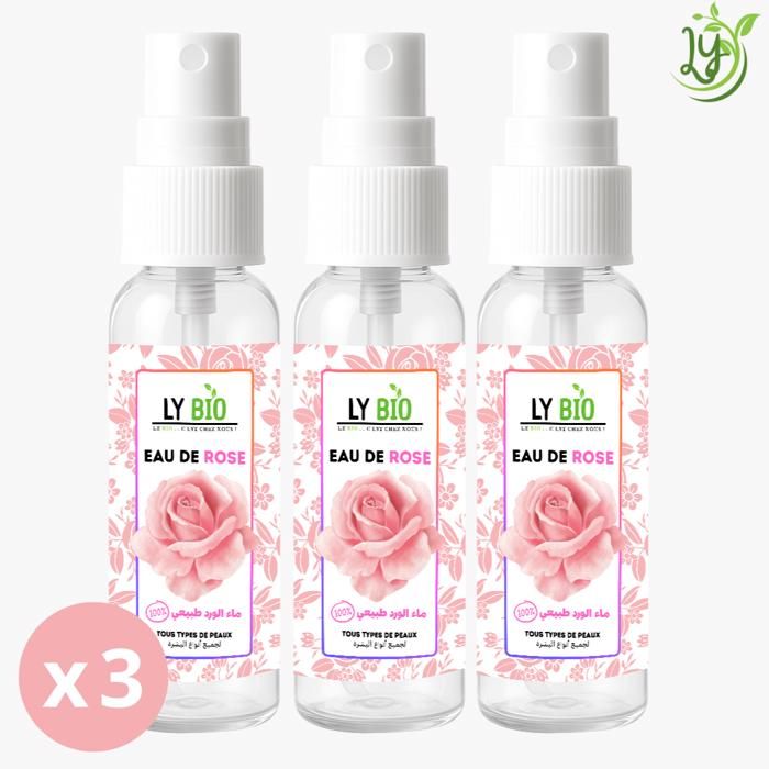 Eau de rose - LYBIO - Pack de 3 bouteilles - 100ml chacune - Hydratant - Tous types de peau