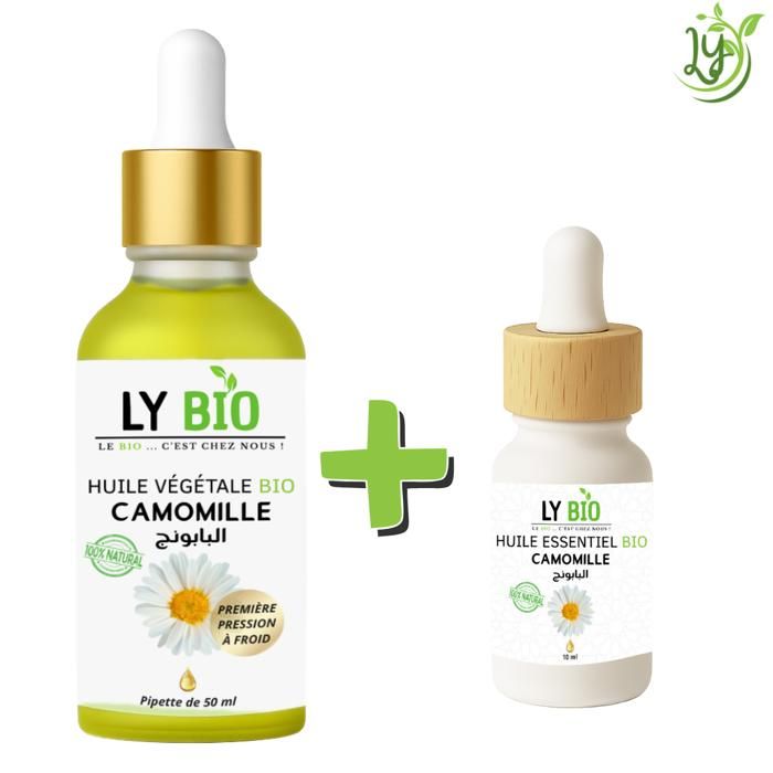 Pack d'huiles - LYBIO - HUILE CAMOMILLE 50ML - PIPETTE - HUILE ESSENTIELLE 10ML - Hydratant