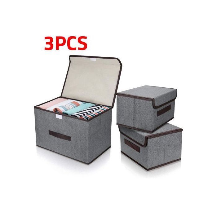Lot de 3 Boites de Rangement, Gris Rangement de Vetement Pliable, Caisse de Rangement en Tissu avec Couvercles