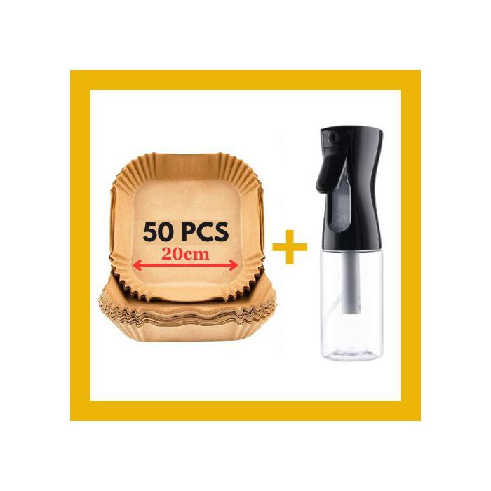 Papier friteuse Air Fryer Four Carré 50pcs + Pulvérisateur Huile Spray Accessoires Amovible Liner Friteuse sans huile