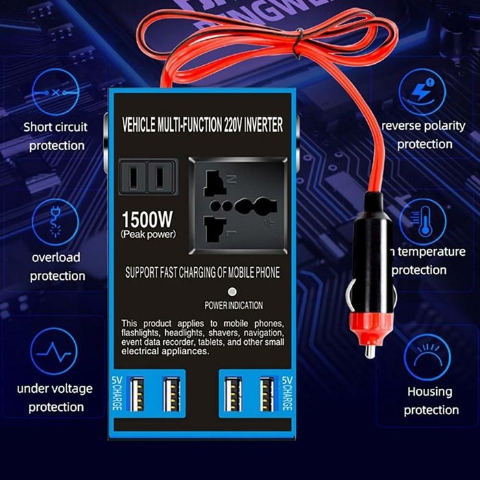 Onduleur 1500W pour Voiture, Transformateur 12V/24V en 220V avec Ports USB Multiples
