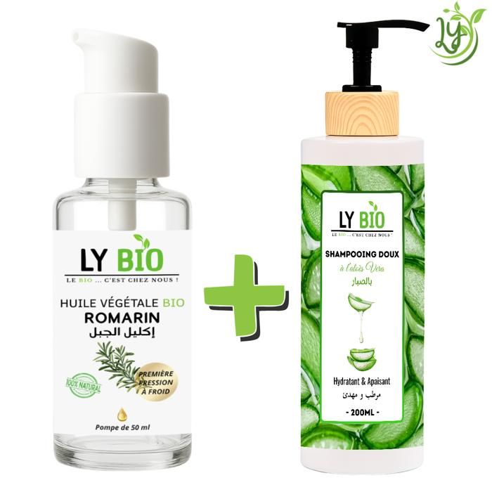 LYBIO PACK HUILE ROMARIN 50ml - POMPE + SHAMPOOING ALOE VERA 200ML - HYDRATANT & APAISANT