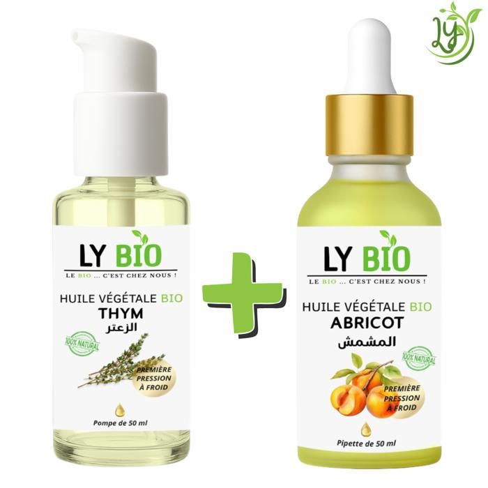 Pack de soins - LYBIO - HUILE THYM 50ML - POMPE - HUILE ABRICOT 50ML - PIPETTE