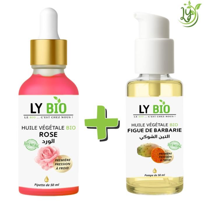 Pack Huile - LYBIO - Huile Rose 50ml - Pipette - Huile Figue de Barbarie 50ml - Pompe