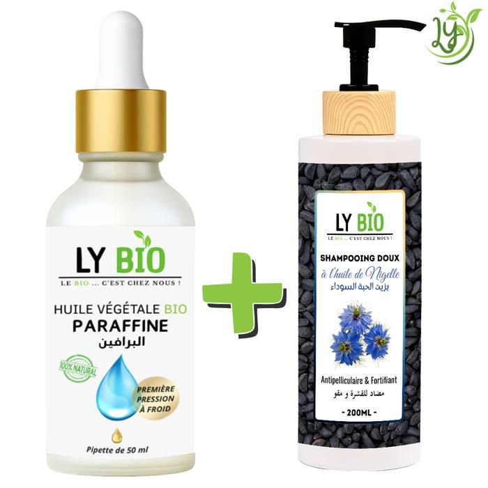 LYBIO PACK HUILE PARAFFINE 50ML - PIPETTE + SHAMPOOING A L'HUILE DE NIGELLE 200ML - ANTIPELLICULAIRE & FORTIFIANT