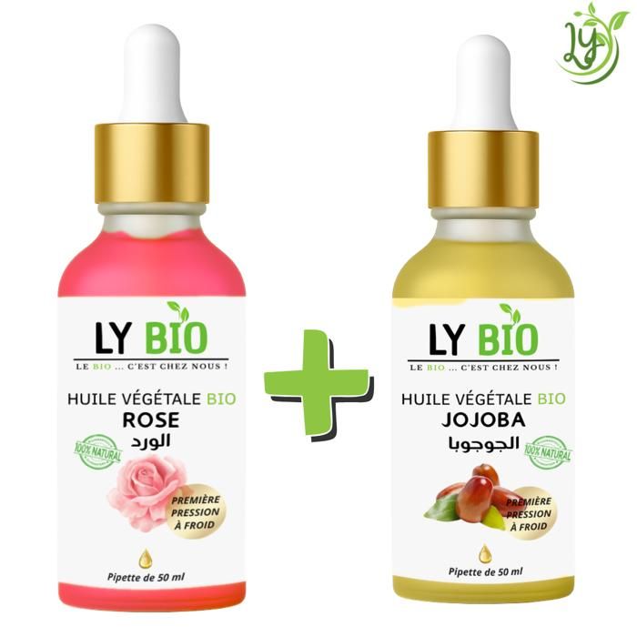 Pack Huile - LYBIO - Huile Rose 50ml - Pipette - Huile Jojoba 50ml - Pipette - Hydratant