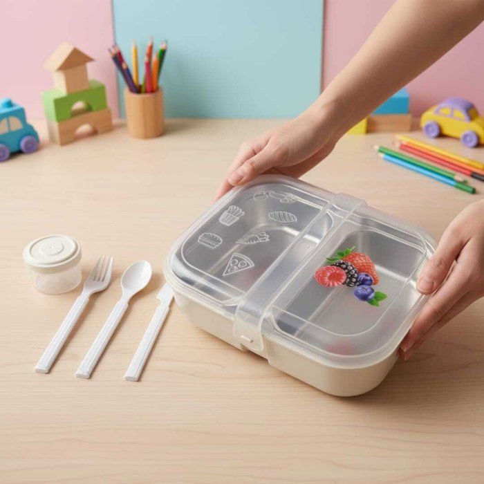 Boîte à repas - AYA HOME - Lunch box inox - 2 compartiments - Couverts inclus - Couleurs aléatoires