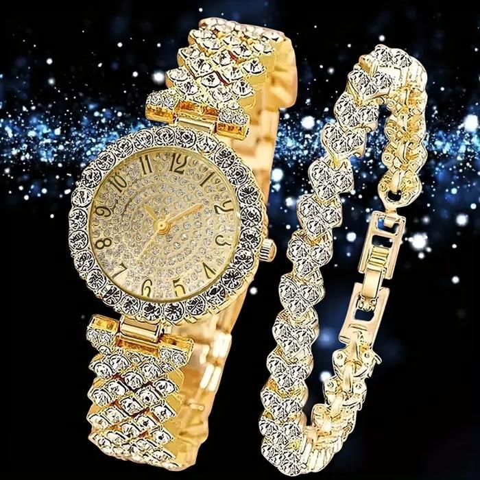 Ensemble Montre à Quartz - GENERIC - Minimaliste - Acier Inoxydable - Bracelet en Strass - Chic