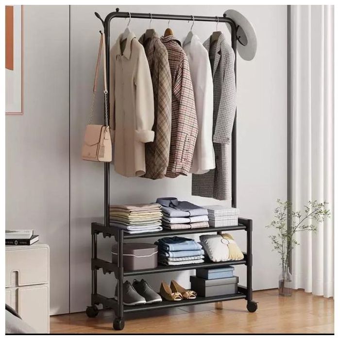 Porte-Manteaux Multifonctionnel avec Banc et Rangement à Chaussures 3 Niveaux, Cadre Métallique Noir