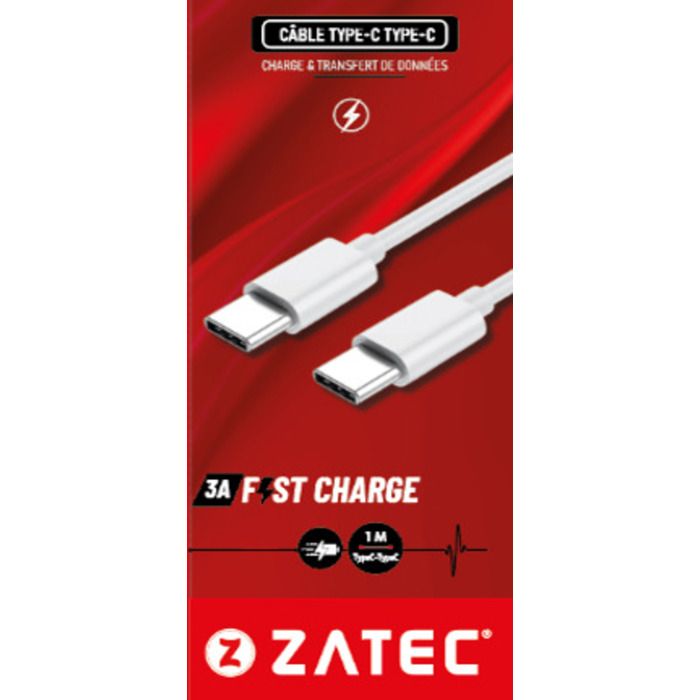 ZATEC - Câble Type C Fabriqué en PVC - 1 M/3A - Blanc