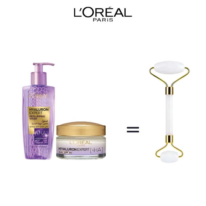 Coffret L'Oréal Paris Hyaluron Expert– Gel Nettoyant Repulpant 200ml + Crème de Jour + Rouleau de massage facial offert