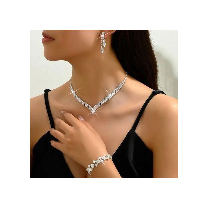 Bijoux de Mariée en Cristal, Argent, Boucles d'Oreilles et Collier et Bracelet