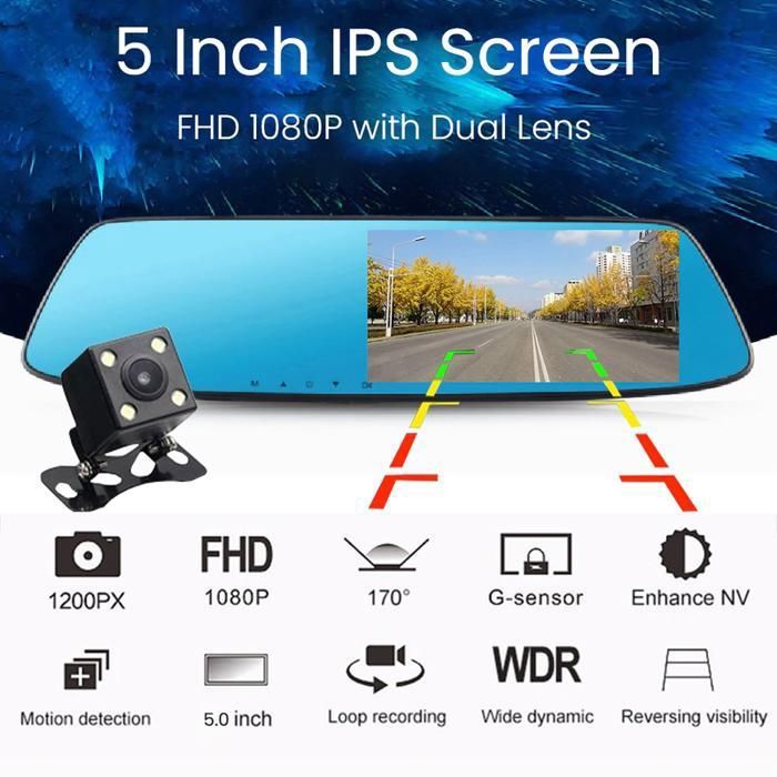 Full HD 1080P 5.0 pouces Rétroviseur DVR Dashcam Voiture 2 caméra avec caméra de recul