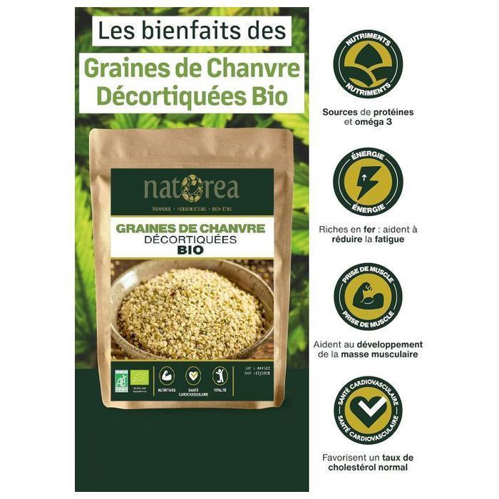 Graines de Chanvre Décortiquées Bio 500G , Protéines végétales, Anti-fatigue Qualité Supérieure