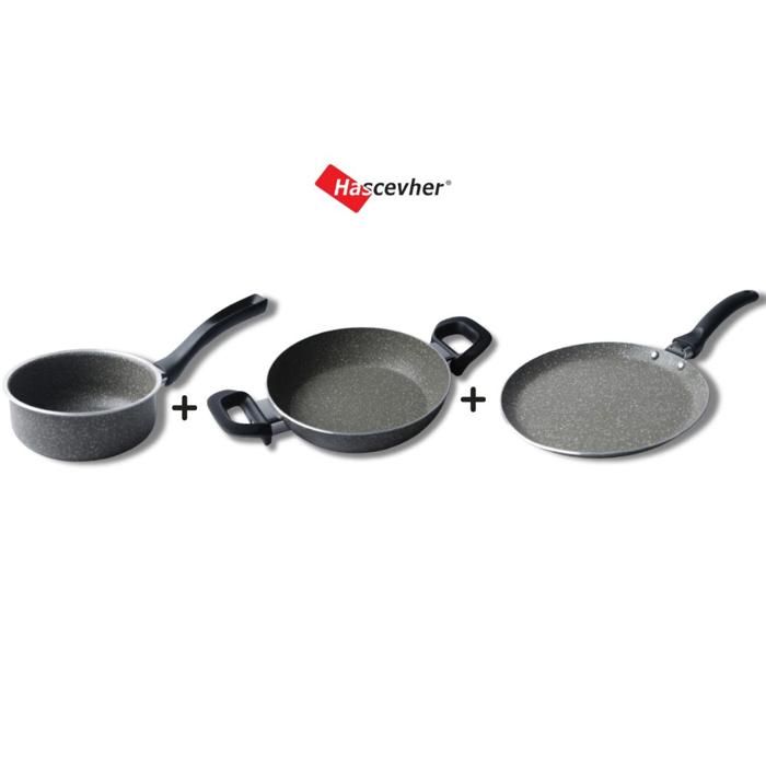 Ensemble de Cuisson 3 Pièces – Poêle 18 cm, Casserole 16 cm et Crêpière 20 cm