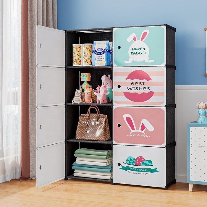 Armoire Pliable en graphismes à 2 rangées 4 Niveaux et 8 cubes multifonctionnelle, avec porte à ventouse magnétique