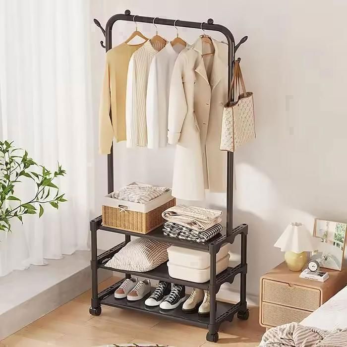 Porte-vêtements et chaussures à Single pôle en Métal 3 étagères et 2 crochets