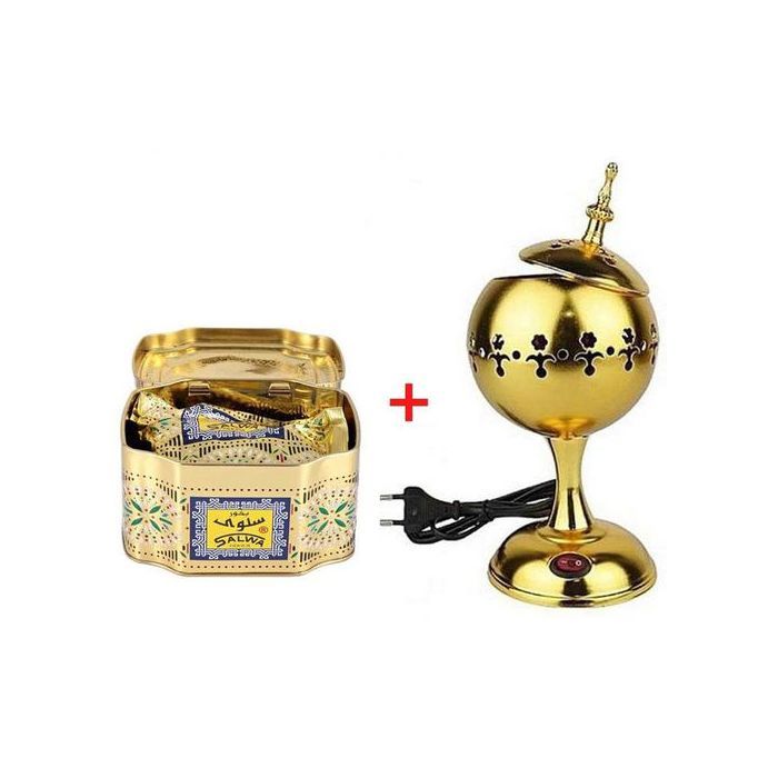 Salwa Mbikhera électrique, Encensoir en métal Doré + Encens Bokhour 100g