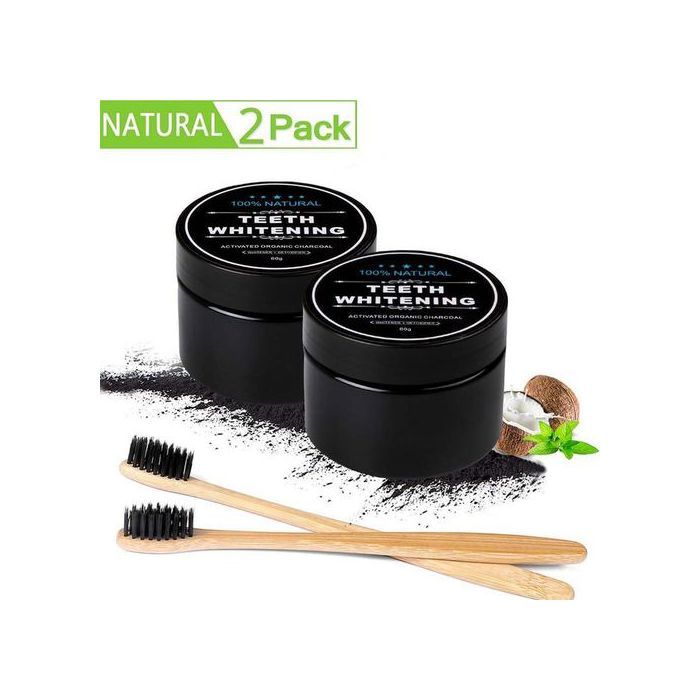 2pcs Blanchiment des dents charbon actif Poudre avec 2 brosses en bambou