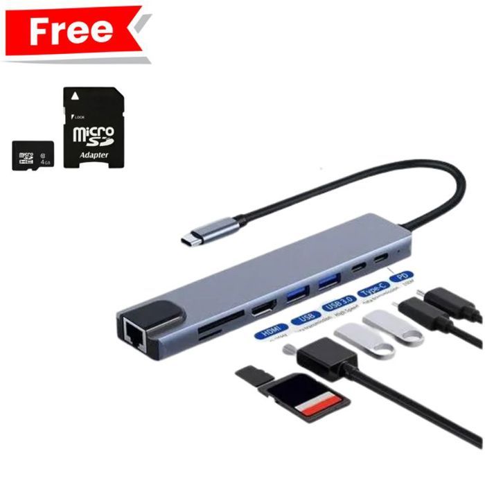 Adaptateur Type C 8 en 1 hub + Carte Memoire 4GB 