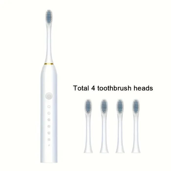 Brosse à dents électrique intelligente avec 6 modes de vitesse, minuterie intelligente, rechargeable par USB 4 têtes Blanc