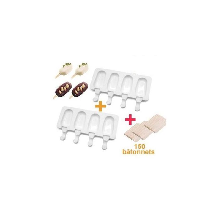 2 x Moule à glace réutilisable en Silicone 4 cavités 150 bâtonnets en bois