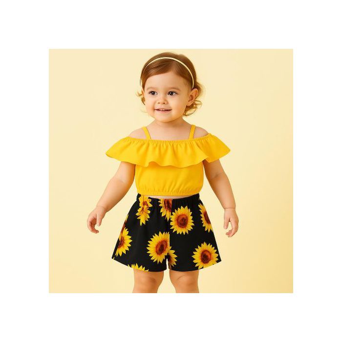 Ensemble Été Bébé Fille - GENERIC - Haut à Volants - Short Fleuri - Coton Mélangé - 9 Mois à 6 Ans