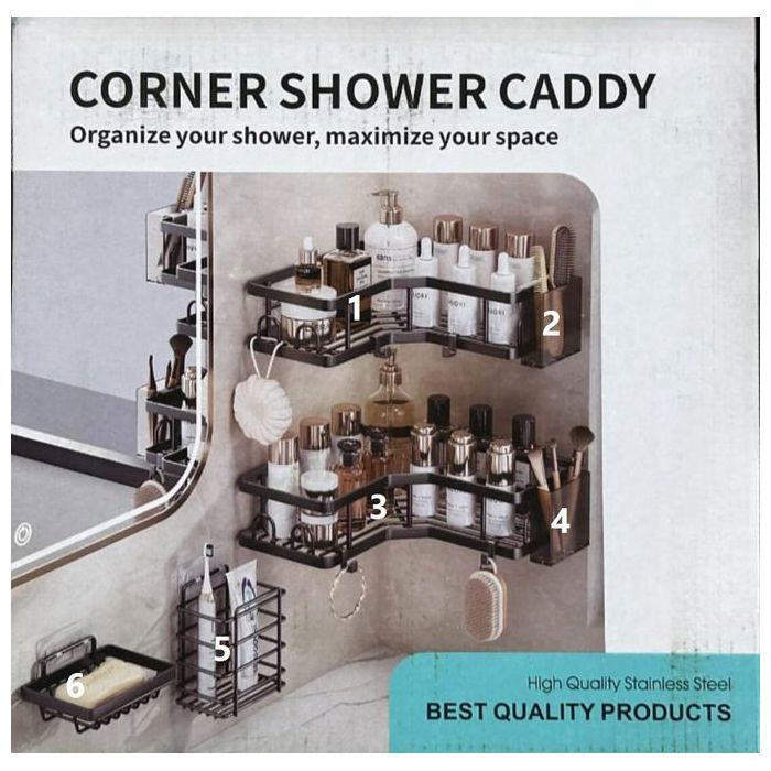 Étagère de salle de bain d'angle, organiseur de salle de bain, rangement antirouille avec crochets