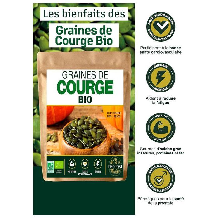 Courge Bio en  Graines  250 G- Non grillées, Sans sel, 100% naturelles - Qualité Supérieure