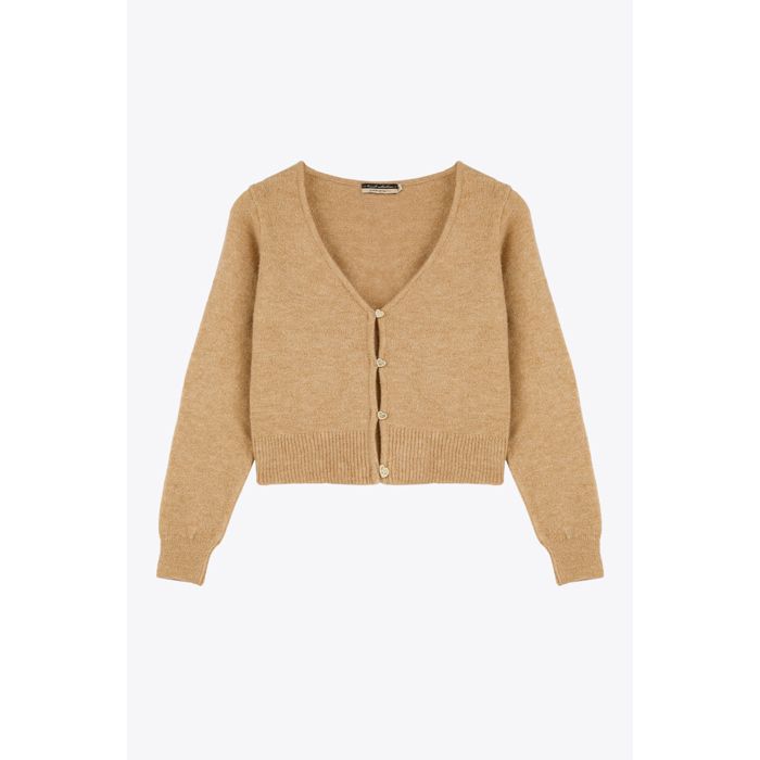 MARWA - GILET  COURT AVEC BOUTON BIJOUX - CARAMEL