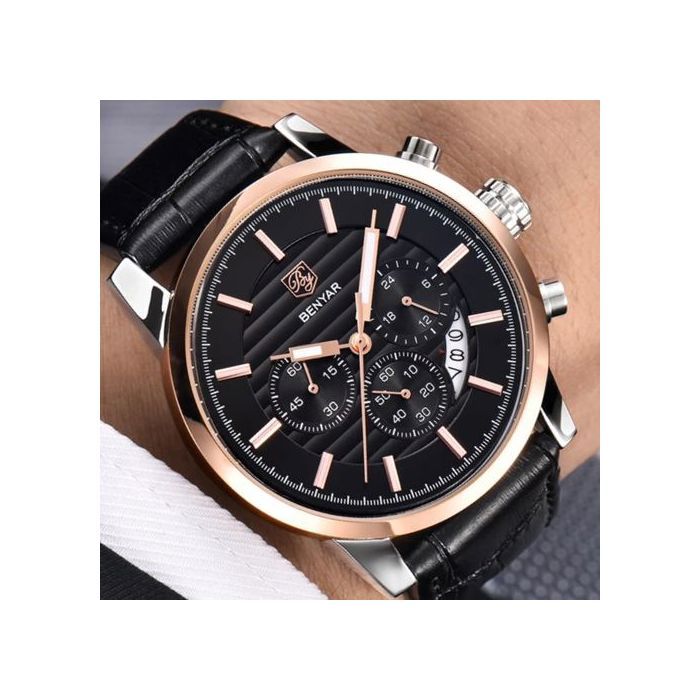 Montre homme - BENYAR - Chronographe - Cuir marron - Résistante à l'eau - Quartz