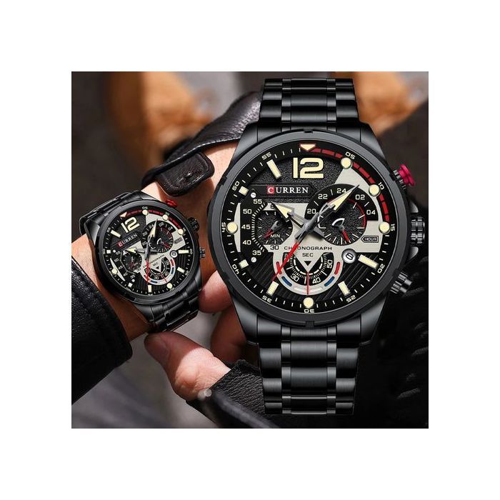 Curren montre homme en acier inoxydable, chronographe  lumineuse style de luxe - Noir
